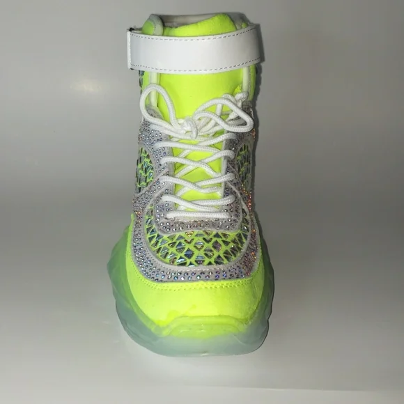 HI TOP LACE UP NEON LIME RHINESTONE SNEAKERS - Picture 3 of 6